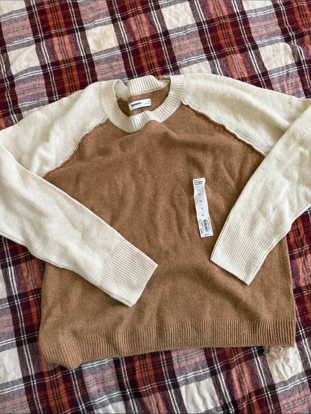 Sonoma Cream and Brown Contrast Crewneck Sweater